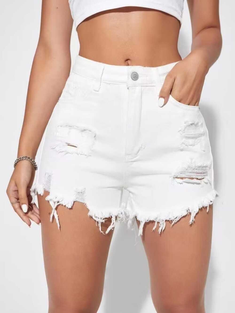 Distressed White Denim Shorts